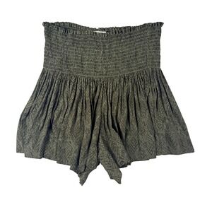 KOCH Erica Smocked High Waist Shorts Skirt Olive Green Snakeskin Print Small